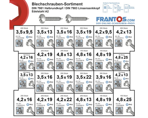Blechschrauben Sortiment DIN 7981 Halbrundkopf und DIN 7983 Linsensenkkopf Edelstahl A2