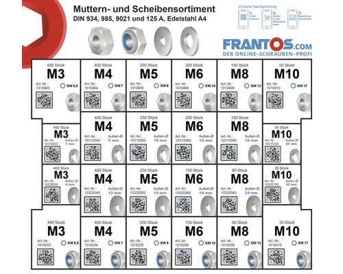 Mutter und Scheiben Sortiment nach DIN 934, 985, 9021 und 125 A, Edelstahl A4