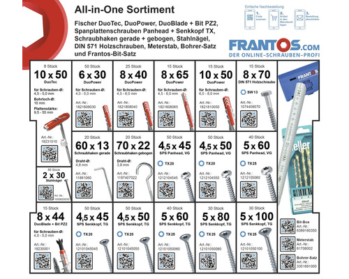 All-in-One Sortiment mit Fischer Dübeln, Schrauben, Haken, Nägeln, Meterstab und Bohrer-Satz