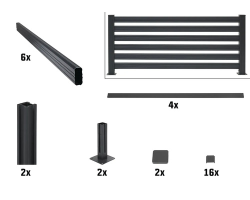 Komponenten für einen Zaun: sechs Zaunlatten, zwei Zaunpfosten, zwei Pfosten zum Aufdübeln, vier Abdeckleisten, zwei Pfostenkappen, sechzehn Schrauben