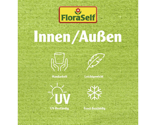 FloraSelf Logo. Eigenschaften: Für Innen und Aussen, Handarbeit, Leichtgewicht, UV-beständig, Frostbeständig.