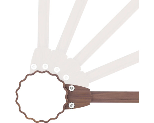 Detailansicht eines Sonnenschirms mit Holzstreben und Drehmechanismus