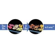 Vorher-nachher-Ansicht eines Grills mit Fleisch, Wurst, Mais und Zucchini