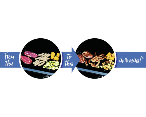 Vorher-nachher-Ansicht eines Grills mit Fleisch, Wurst, Mais und Zucchini