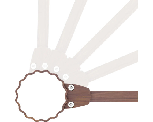 Detailansicht eines Sonnenschirms mit Holzstreben und Drehmechanismus