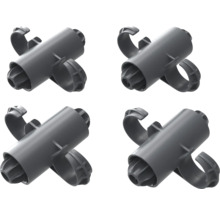 Vier graue Installationsrohrschellen zur Befestigung von Rohren