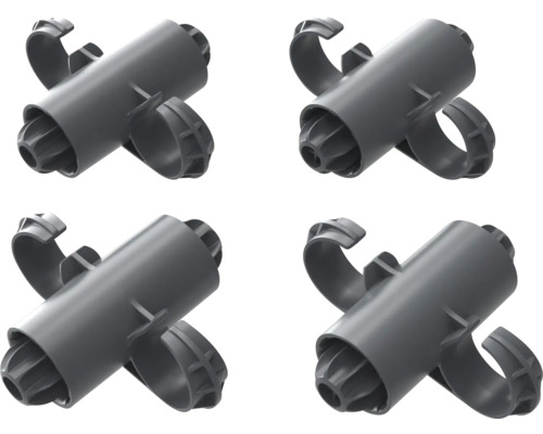 Vier graue Installationsrohrschellen zur Befestigung von Rohren