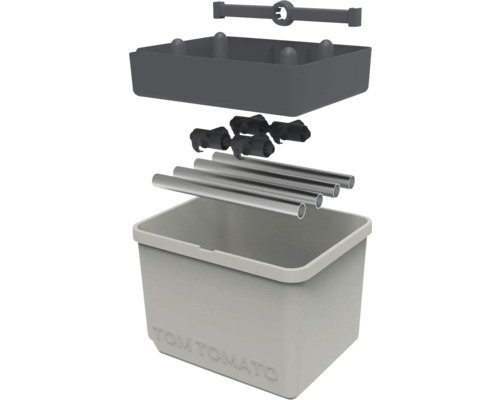 Explosionsdarstellung einer Tomatenbewässerungsbox mit Halterungen und Rohren