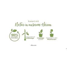 Umweltsiegel: 100 Prozent recycelt und recyclingfähig, hergestellt mit Windenergie, langlebige Qualität, hergestellt in den Niederlanden