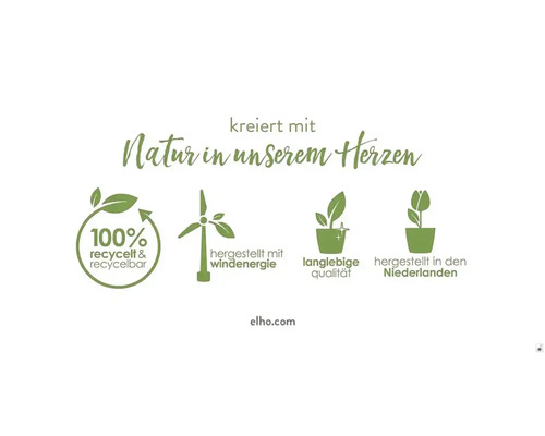 Symbole für recycelte Materialien, Windenergie, lange Lebensdauer und Herstellung in den Niederlanden