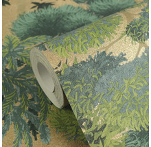 Tapetenrolle mit Waldmuster in Grün und Gold