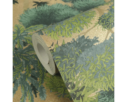 Tapetenrolle mit Waldmuster in Grün und Gold