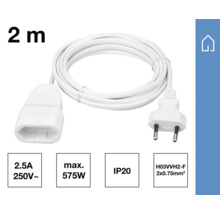 Zwei Meter lange, weisse Verlängerungskabel mit Stecker und Kupplung
