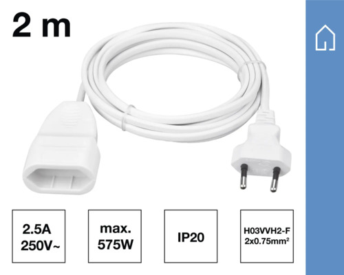 Zwei Meter lange, weisse Verlängerungskabel mit Stecker und Kupplung