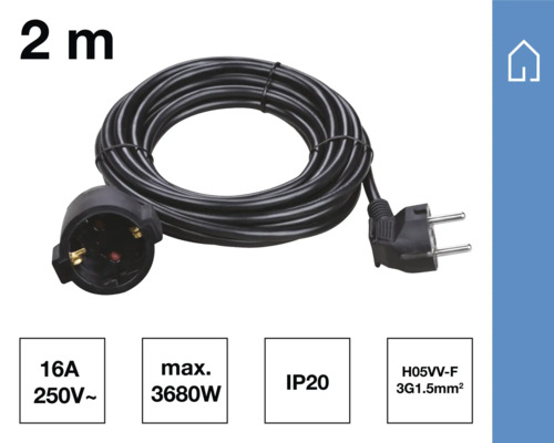 Zwei Meter lange Verlängerungsleitung mit Stecker und Kupplung