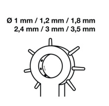 Locheisen mit Lochgrößen von 1 Millimeter, 1,2 Millimeter, 1,8 Millimeter, 2,4 Millimeter, 3 Millimeter und 3,5 Millimeter.