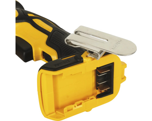 Detailansicht einer DeWalt Akku-Bohrmaschine mit Gürtelclip