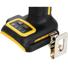 Detailansicht eines Akku-Bohrers mit Lampe, Geschwindigkeitsregler und Gürtelclip