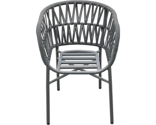 Gartensessel mit geflochtener Rückenlehne und Sitzfläche aus Metalllatten