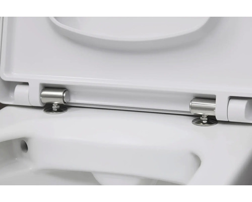 Detailansicht eines weißen Toilettensitzes mit Edelstahlscharnieren.
