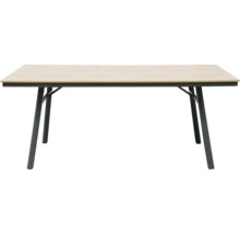 Esstisch mit hellem Holzplattenmuster und dunklem Metallgestell