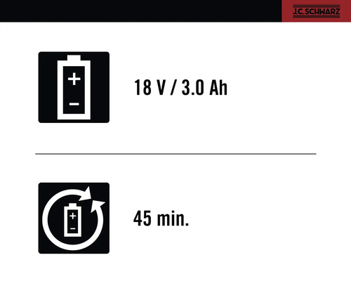 18 Volt / 3.0 Ah Akkuinformation und 45 Minuten Ladezeit
