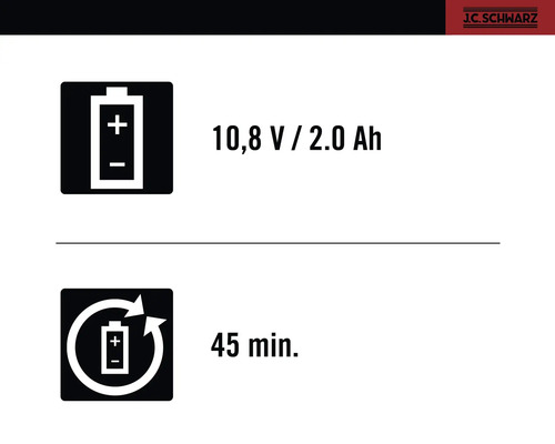 Akku-Informationen: 10,8 V / 2,0 Ah, Ladezeit 45 Minuten