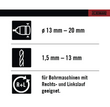 Informationen zum Bohrfutter, Bohrergrößenbereich und Rechts- und Linkslauf-Eignung