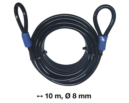 Schwarzes Drahtseil mit Schlaufen, 10 Meter lang und 8 Millimeter Durchmesser