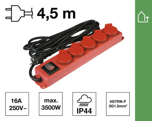 Mehrfachsteckdose mit fünf Steckplätzen und 4,5 Meter Kabel