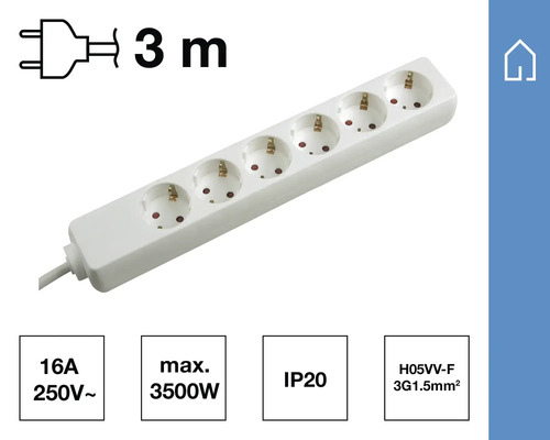 Steckdosenleiste mit fünf Steckdosen und einem drei Meter langen Kabel