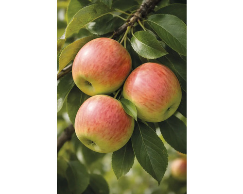 Drei Äpfel am Zweig mit grünen Blättern