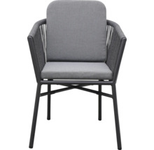 Gartenstuhl mit Armlehnen und grauen Kissen