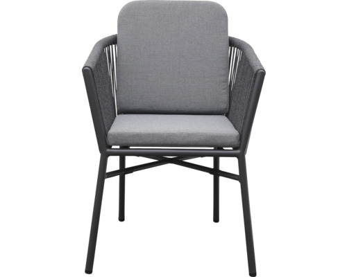Gartenstuhl mit Armlehne und grauen Sitzkissen