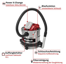 Einhell Akku-Staubsauger mit Blasfunktion, Schlauchaufwicklung und 15 Liter Edelstahl-Auffangbehälter