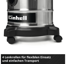 Einhell Logo auf einem Staubsauger mit vier Lenkrollen für flexiblen Einsatz und einfachen Transport