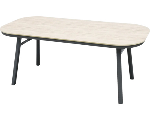 Rechteckiger Tisch mit Holzplatte und Metallgestell für den Innenbereich