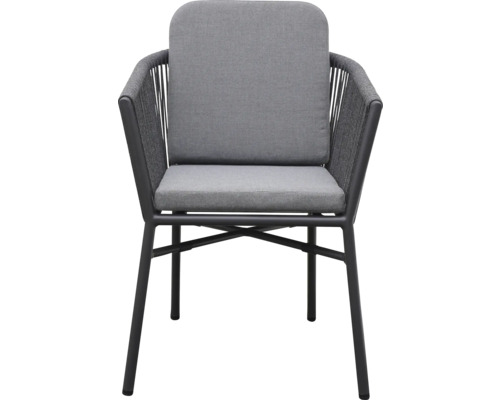 Gartensessel mit Armlehne und grauem Sitzkissen