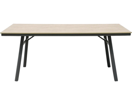 Rechteckiger Tisch mit Holzplatte und Metallbeinen