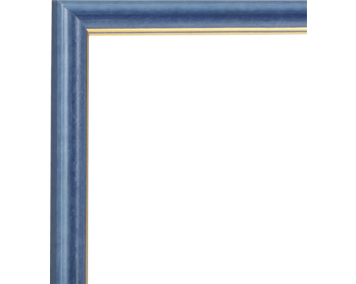 Eckansicht eines blauen Bilderrahmens mit goldener Innenkante