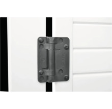 Detailansicht eines schwarzen KwikFit Türscharniers an einer weissen Tür