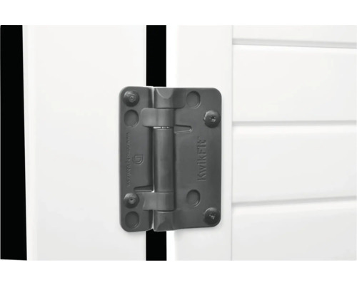Detailansicht eines schwarzen KwikFit Türscharniers an einer weissen Tür