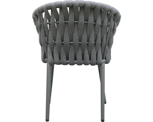 Grauer Stuhl mit geflochtener Rückenlehne und Metallbeinen