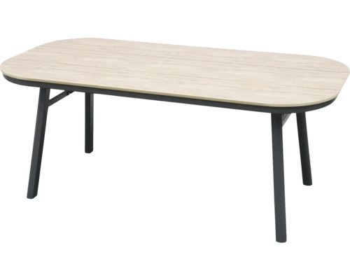 Rechteckiger Tisch mit Holzplatte und Metallbeinen