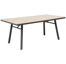 Rechteckiger Tisch mit Holzplatte und Metallbeinen