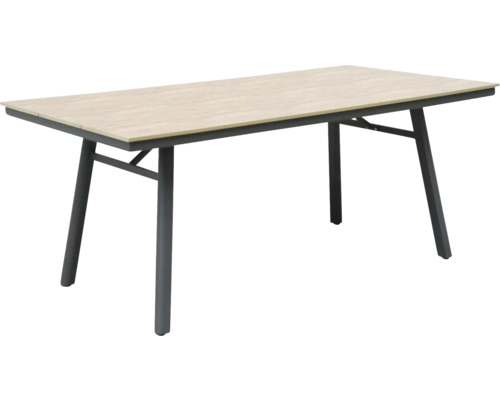 Rechteckiger Tisch mit Holzplatte und Metallbeinen