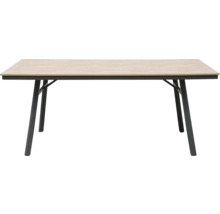 Rechteckiger Tisch mit hellbrauner Tischplatte und dunklem Untergestell