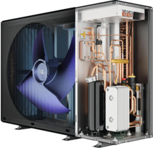 Schnittansicht einer Wärmepumpe mit Details zu Lüfter, Kühlkörper, Rohren und Komponenten