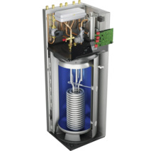 Querschnittsansicht eines Warmwasserspeichers mit Rohren und elektronischen Komponenten