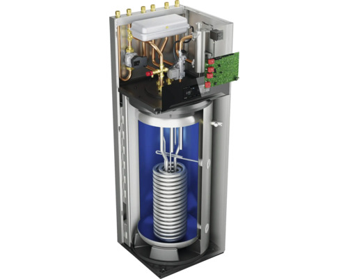 Querschnittsansicht eines Warmwasserspeichers mit Rohren und elektronischen Komponenten